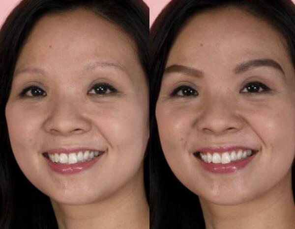 Side by side before and after photo showing a woman's brows looking thicker and darker