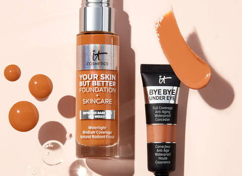 A photo of multiple products from Your Skin But Better Foundation + Skincare, Bye Bye Pores Blush, BBUE, and BB Breakout Full-Coverage Concealer