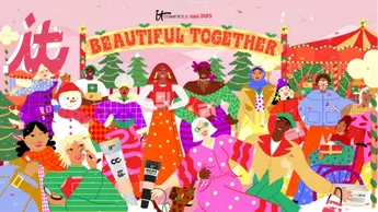 A cartoon drawing shows a group of people in colorful winter clothing, surrounded by decorated Christmas trees, holding a sign that says "Beautiful Together."