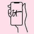 A small black outline drawing of a hand holding a cellphone that shows the IT logo.