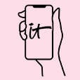 A small black outline drawing of a hand holding a cellphone that shows the IT logo.