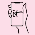 A small black outline drawing of a hand holding a cellphone that shows the IT logo.