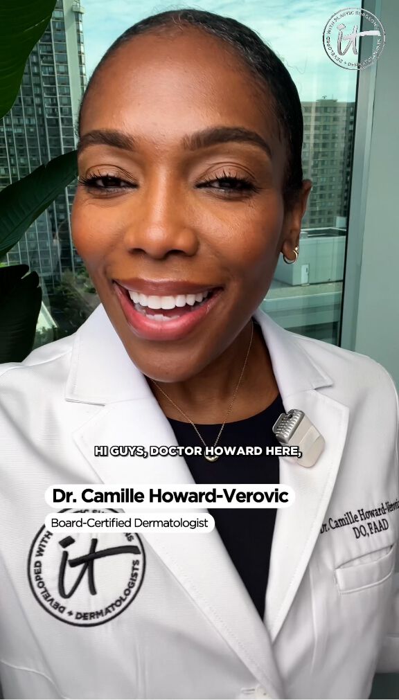 A screenshot of IT Cosmetics advisor Dr. Camille Howard-Verovic wearing a lab coat and talking to the camera, with text that reads, "Hi guys, Dr. Howard here."
