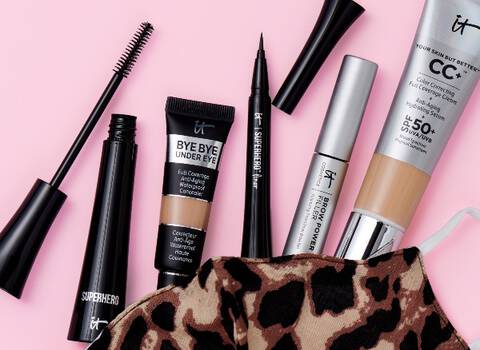 Leopard Makeup Bag Showing 5 Cosmetic Products