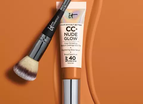 A product shot of IT Cosmetics CC+ Nude Glow Lightweight Foundation + Glow Serum with SPF 40