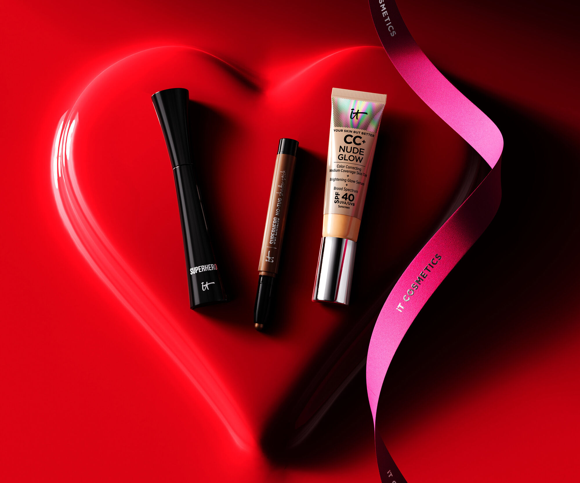 IT Cosmetics products on red heart