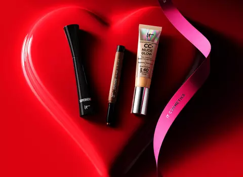 IT Cosmetics products on red heart