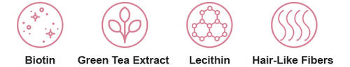 Four Pink Icons Representing Biotin, Green Tea Extract, Lecithin and Hair-Like Fibers