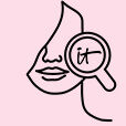 A small black outline drawing of half a woman's face, with a magnifying glass with an "IT" logo.