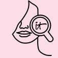 A small black outline drawing of half a woman's face, with a magnifying glass with an "IT" logo.