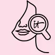 A small black outline drawing of half a woman's face, with a magnifying glass with an "IT" logo.