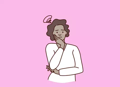 Cartoon woman with dark hair and long sleeve white shirt with arms crossed