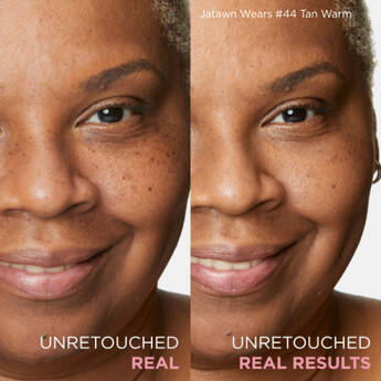 A side-by-side photo that shows a before and after picture of a person without any makeup is next to a photo of the same person wearing Your Skin But Better Foundation + Skincare in #44 Tan Warm with the text "Unretouched real results."