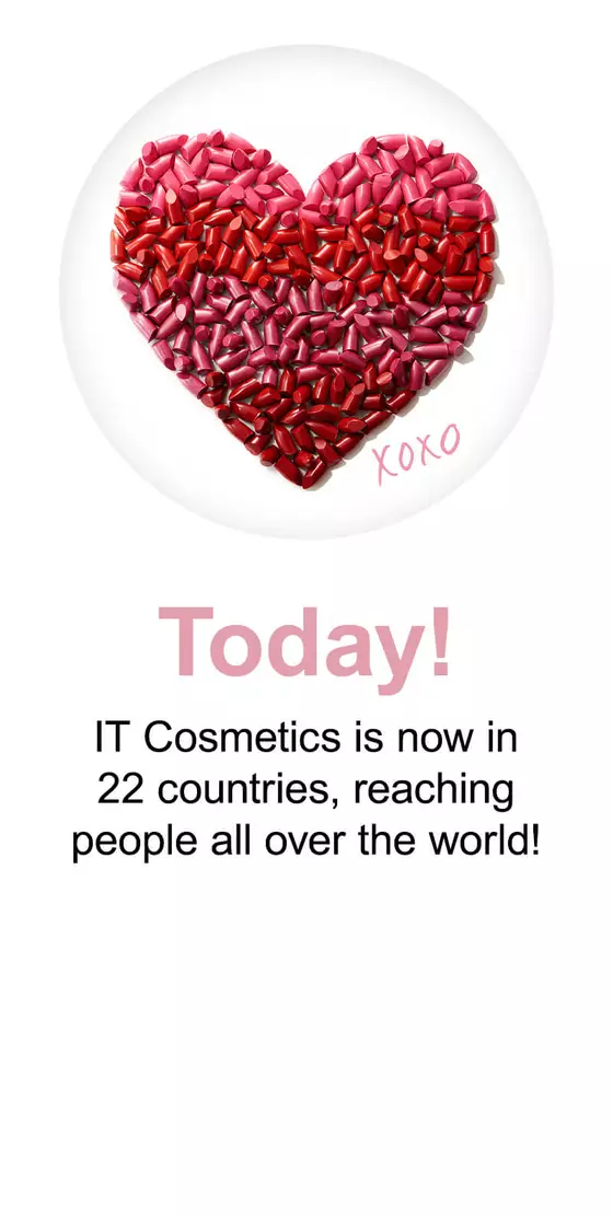 A collage of red and pink lipstick in the shape of a heart captioned "Today! IT Cosmetics is now in 22 countries, reaching people all over the world!