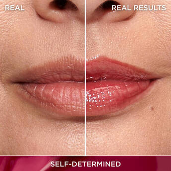 A close-up photo of a woman's lips with a white line down the middle of the image. The lips don't have any product on the left side of the line, and on the right side is IT Cosmetics Confidence in a Serum Lip Gloss in the shade "Self Determined."