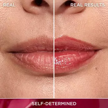A close-up photo of a woman's lips with a white line down the middle of the image. The lips don't have any product on the left side of the line, and on the right side is IT Cosmetics Confidence in a Serum Lip Gloss in the shade "Self Determined."