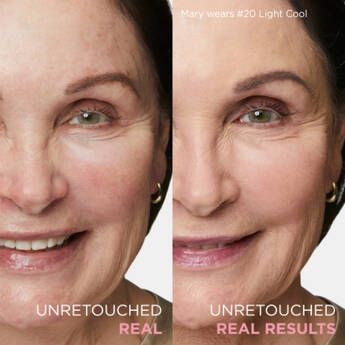 A side-by-side photo that shows a before and after picture of a person without any makeup is next to a photo of the same person wearing Your Skin But Better Foundation + Skincare in #20 Light Cool with the text "Unretouched real results."