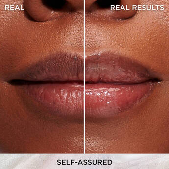 A close-up photo of a woman's lips with a white line down the middle of the image. The lips don't have any product on the left side of the line, and on the right side is IT Cosmetics Confidence in a Serum Lip Gloss in the shade "Self-Assured."