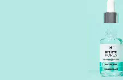 Six Bottles of Bye Bye Pores Serum with Blue Background