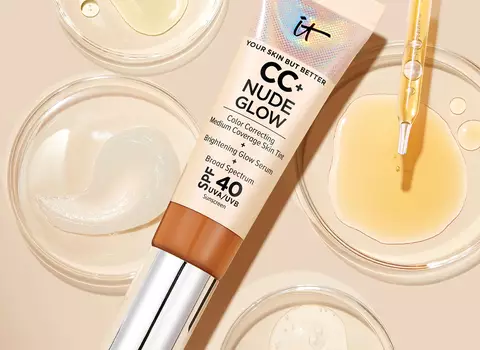 A product shot of IT Cosmetics CC+ Nude Glow Lightweight Foundation + Glow Serum with SPF 40