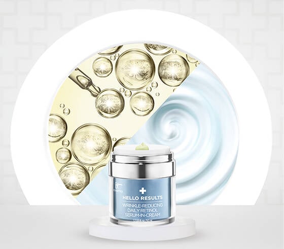Hello Results daily retinol serum product with a background showing serum droplets and face cream swatch