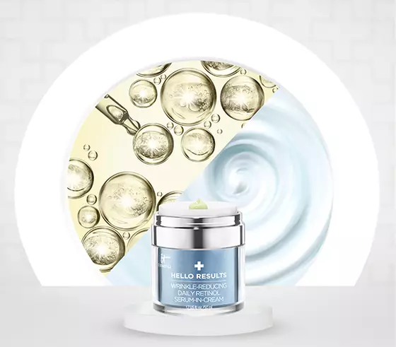 Hello Results daily retinol serum product with a background showing serum droplets and face cream swatch