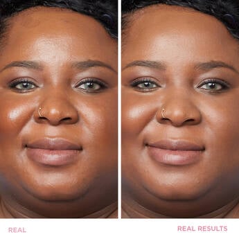 A side-by-side before and after photo of a woman with and without makeup. Under the image with no makeup, the text reads "Real"; under the photo with makeup, the text reads "Real Results."