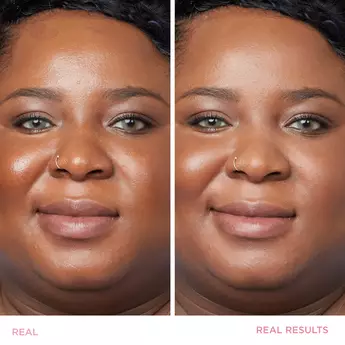 A side-by-side before and after photo of a woman with and without makeup. Under the image with no makeup, the text reads "Real"; under the photo with makeup, the text reads "Real Results."