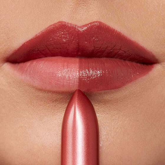 A close up image of a woman's lips before and after lipstick application