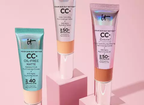 Three colors and types of CC+ cream by It Cosmetics in original, oil-ree matte and illumination.