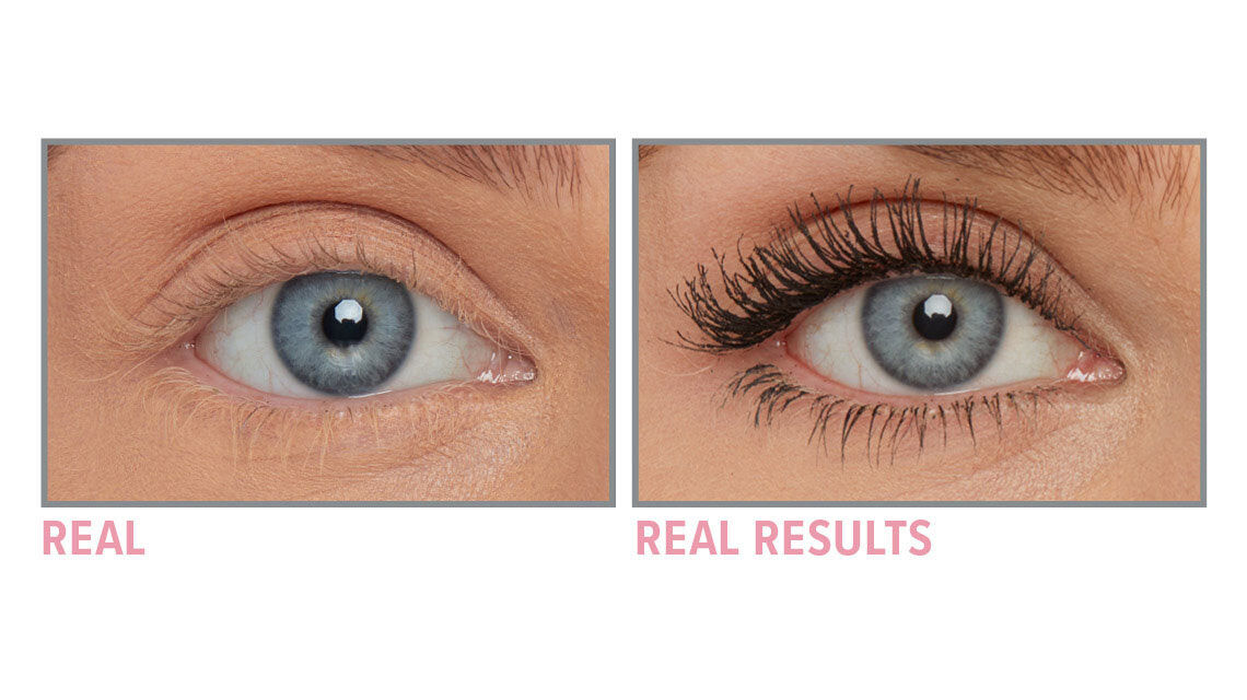 A side-by-side photo of a close-up of an eye with and without mascara. The text under the eye without mascara reads "Real," while the text under the eye with mascara reads "Real Results."