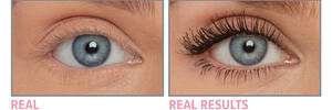 A side-by-side photo of a close-up of an eye with and without mascara. The text under the eye without mascara reads "Real," while the text under the eye with mascara reads "Real Results."