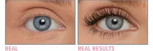 A side-by-side photo of a close-up of an eye with and without mascara. The text under the eye without mascara reads "Real," while the text under the eye with mascara reads "Real Results."