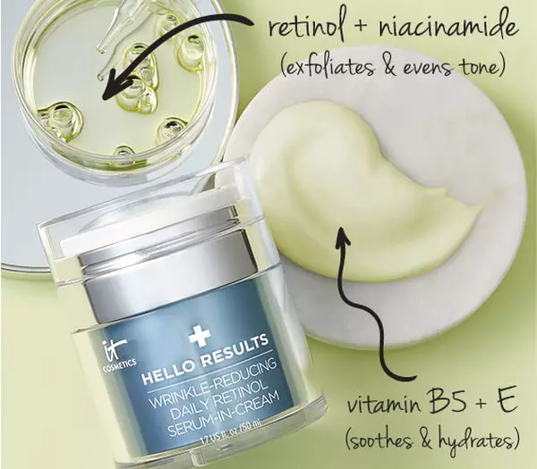 Blue Jar of Hello Results Retinol Cream with Green Background, Retinol and Niacinimide