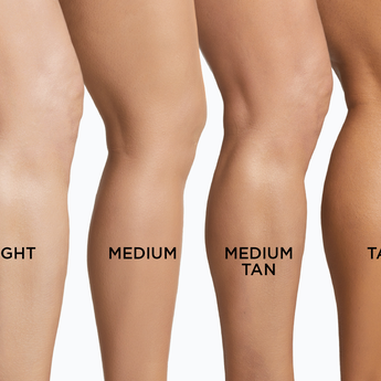 An image features four single legs of different shades, "medium" written on one leg and "medium tan" written on another.