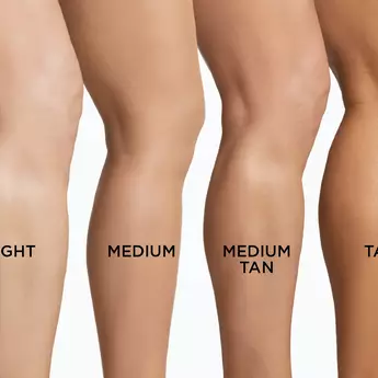 An image features four single legs of different shades, "medium" written on one leg and "medium tan" written on another.
