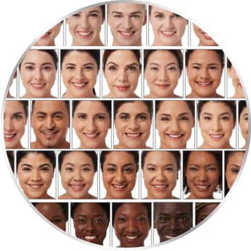 Circular collage of men and women smiling arranged by light to dark skin tones