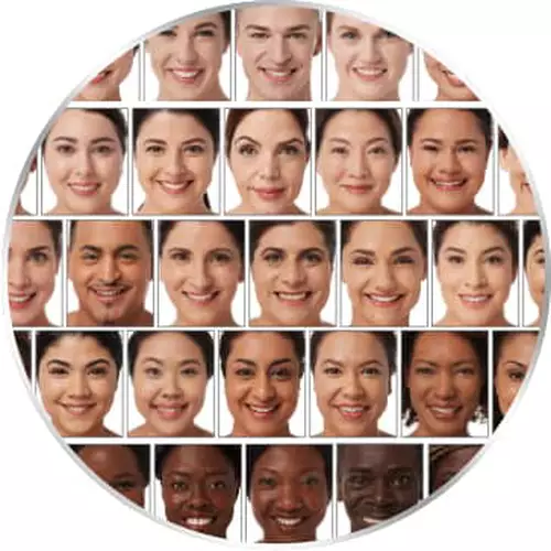 Circular collage of men and women smiling arranged by light to dark skin tones