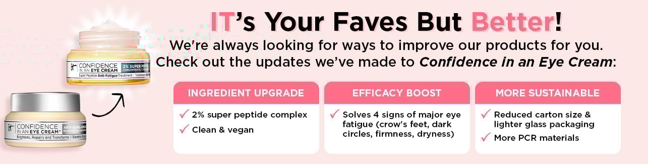 A banner with text that reads, "It's your faves but better! We're always looking for ways to improve our products for you. Check out the updates we've made to Confidence In An Eye Cream: Ingredient update, 2% super peptide complex, clean & vegan. Efficacy boost, solves 4 signs of major eye fatigue (crow's feet, dark circles, firmness, dryness). More sustainable, reduced carton size + lighter glass packaging, more PCR materials," alongside a photo of the old and new Confidence In An Eye cream jar.
