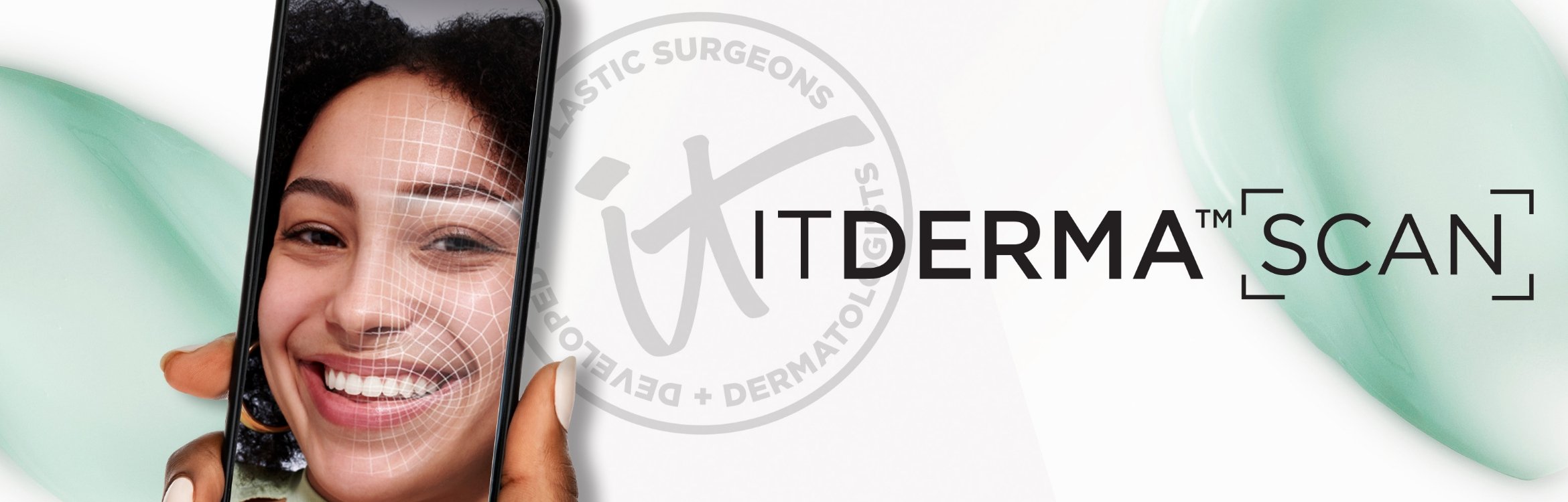 A banner featuring a photo of a woman looking at her phone while taking a scan analysis next to the text, "ITDerma Scan."