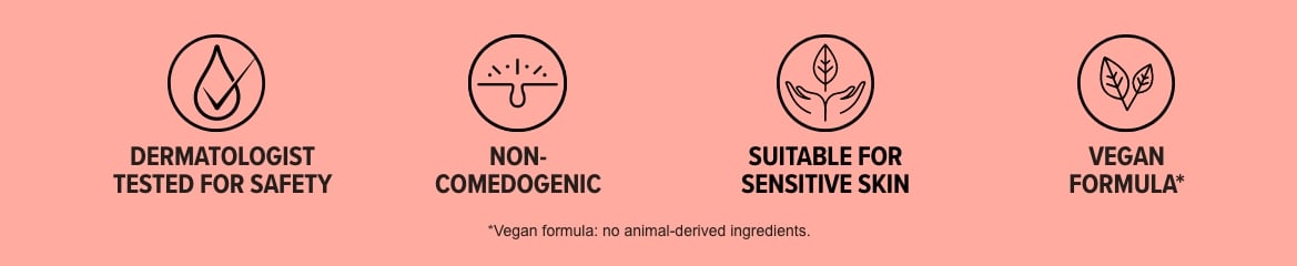 A banner with text that reads, "Dermatologist tested for safety. Non-comedogenic. Suitable for sensitive skin. Vegan formula*. *Vegan formula: no animal-derived ingredients," alongside clip art graphics for each.