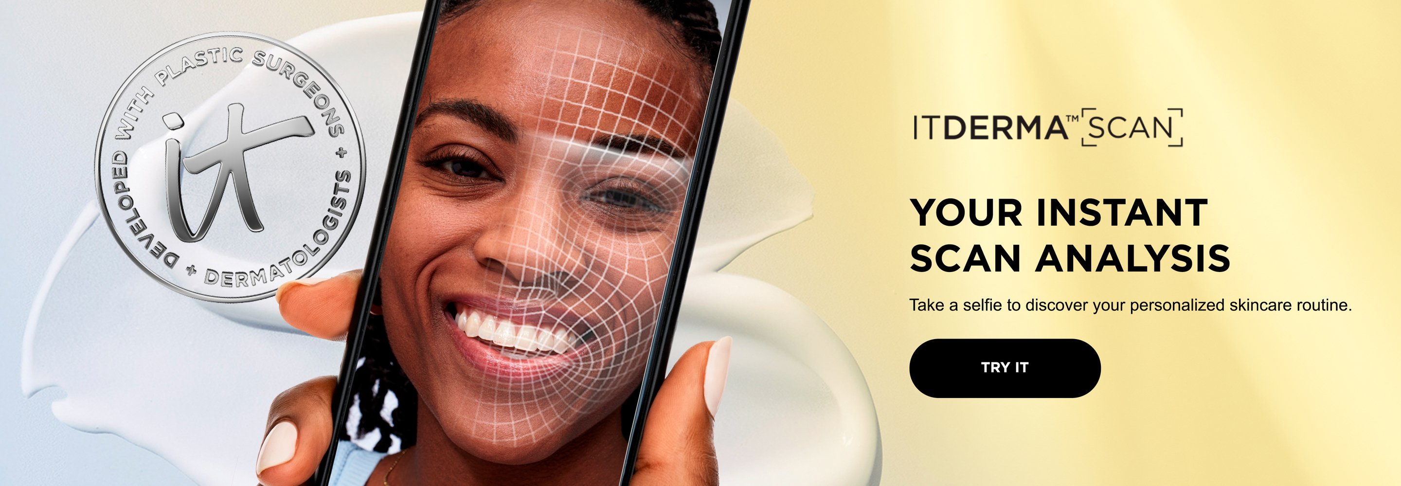 A banner featuring a photo of a woman looking at her phone while taking a scan analysis next to the text, "ITDerma Scan."
