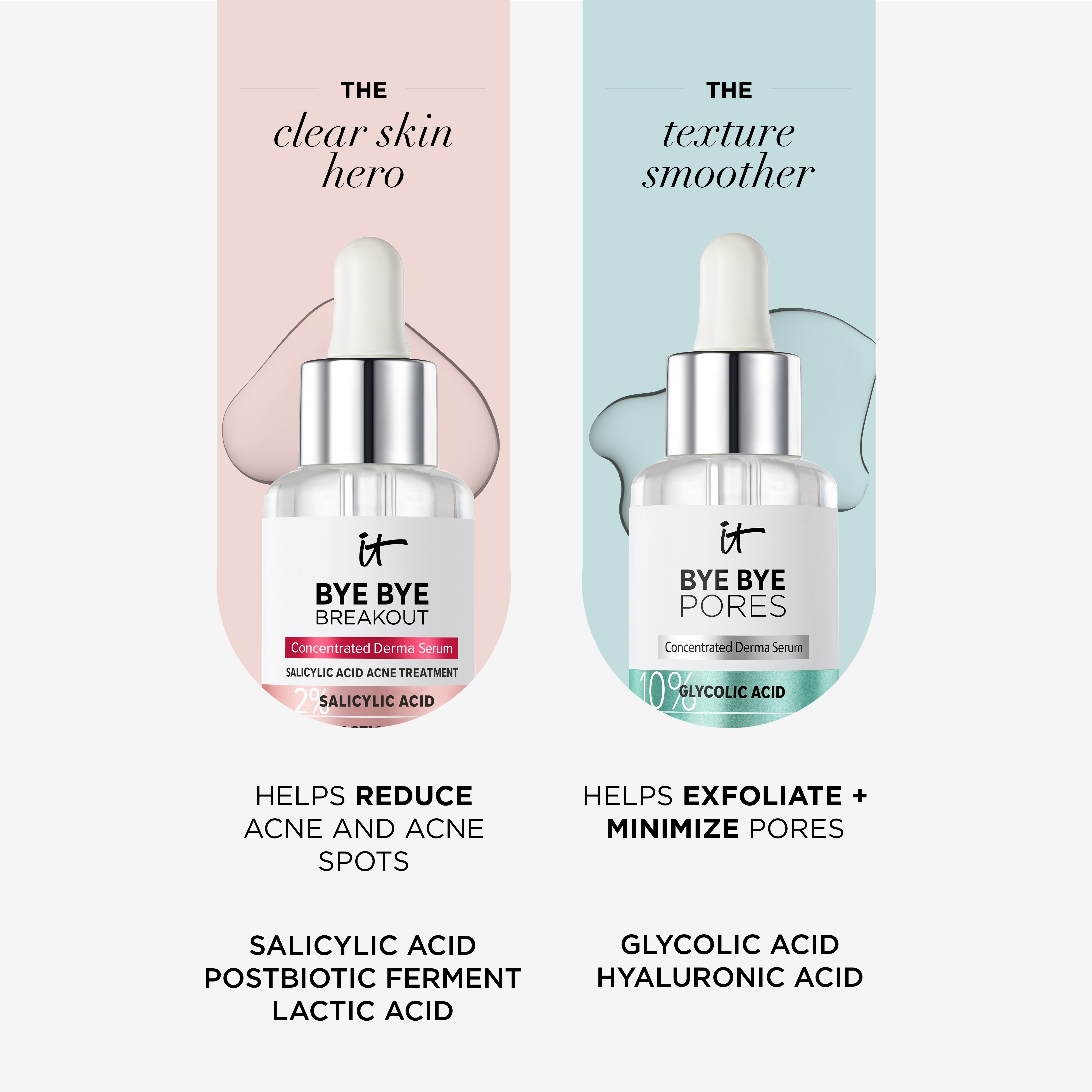 A graphic with photos of two IT Cosmetics serums alongside text that reads, " The Clear Skin Hero: IT Bye Bye Breakout. Helps reduce acne and acne spots. Salicylic acid postbiotic ferment lactic acid," "The Texture Smoother: IT Bye Bye Pores. Helps exfoliate + minimize pores. Glycolic acid + hyaluronic acid."