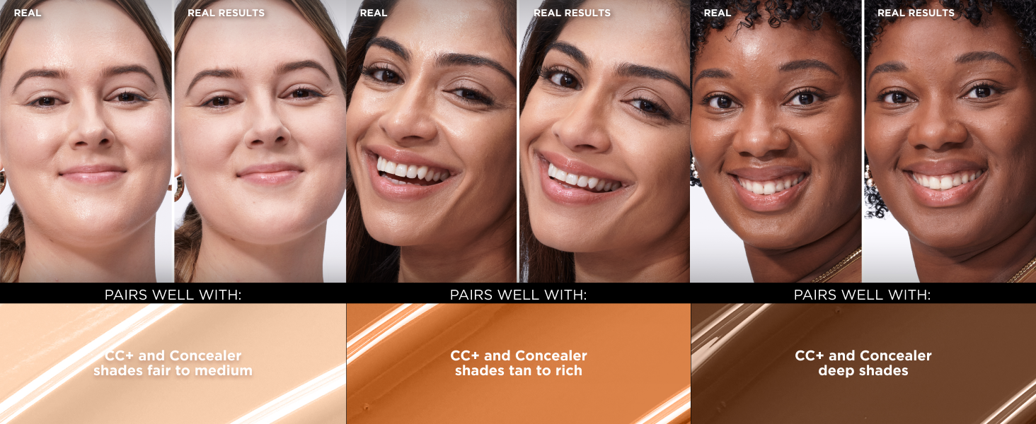 A chart graphic shows women with deep, rich, tan, medium, light, and fair skin paired with concealer shades matching their hue.